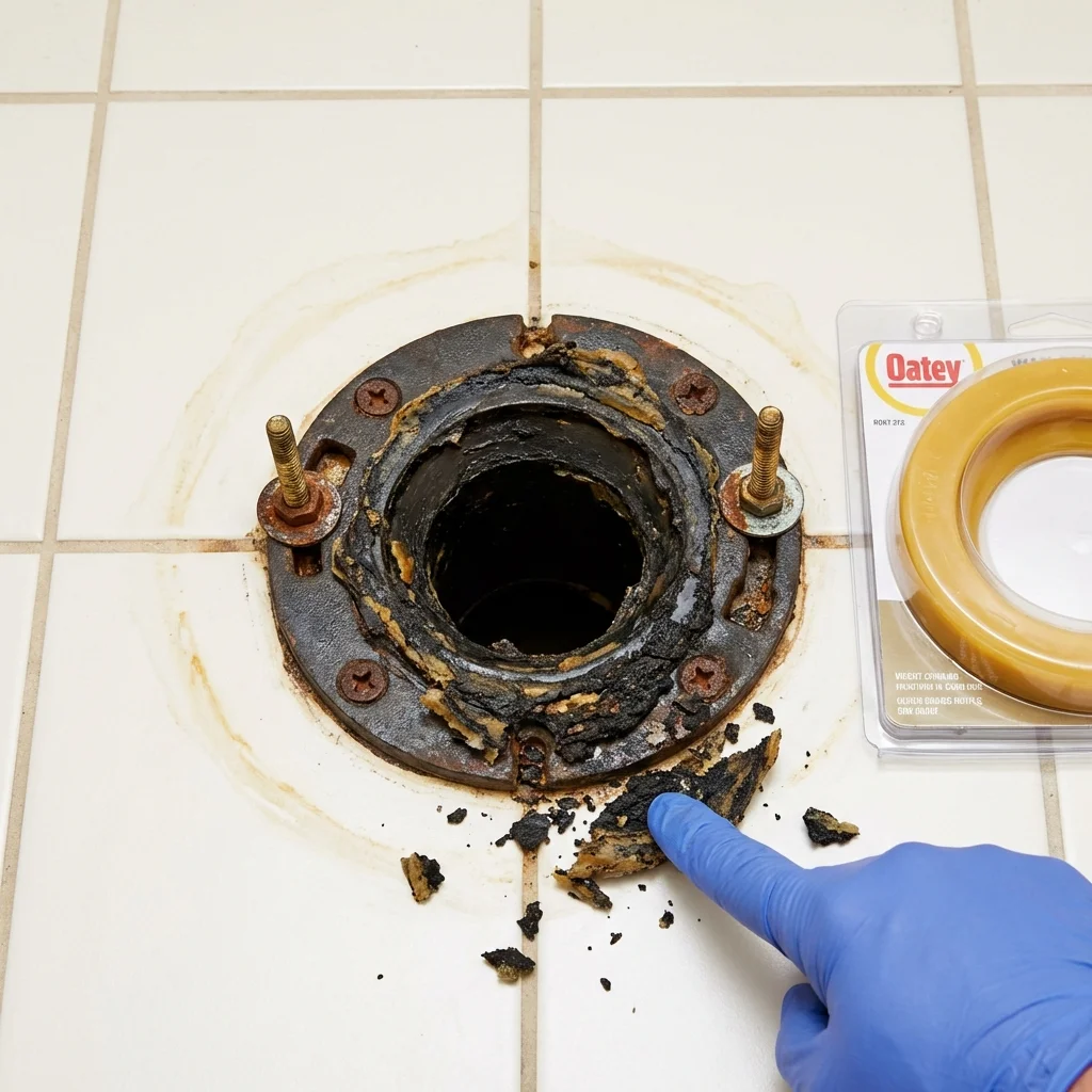 Failed wax ring showing water seepage at the base of a toilet in a Forsyth, IL home