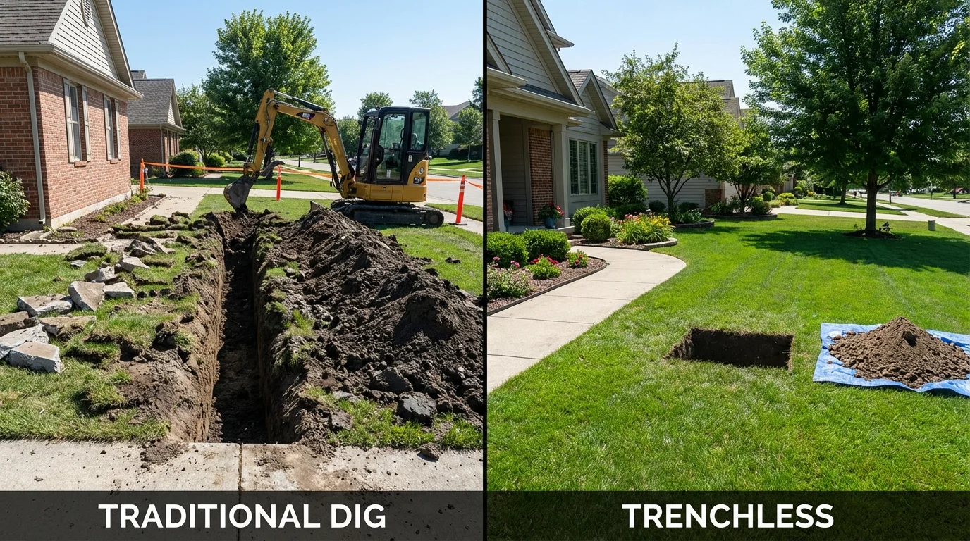 Trenchless sewer repair with minimal yard damage versus traditional excavation in Forsyth, IL