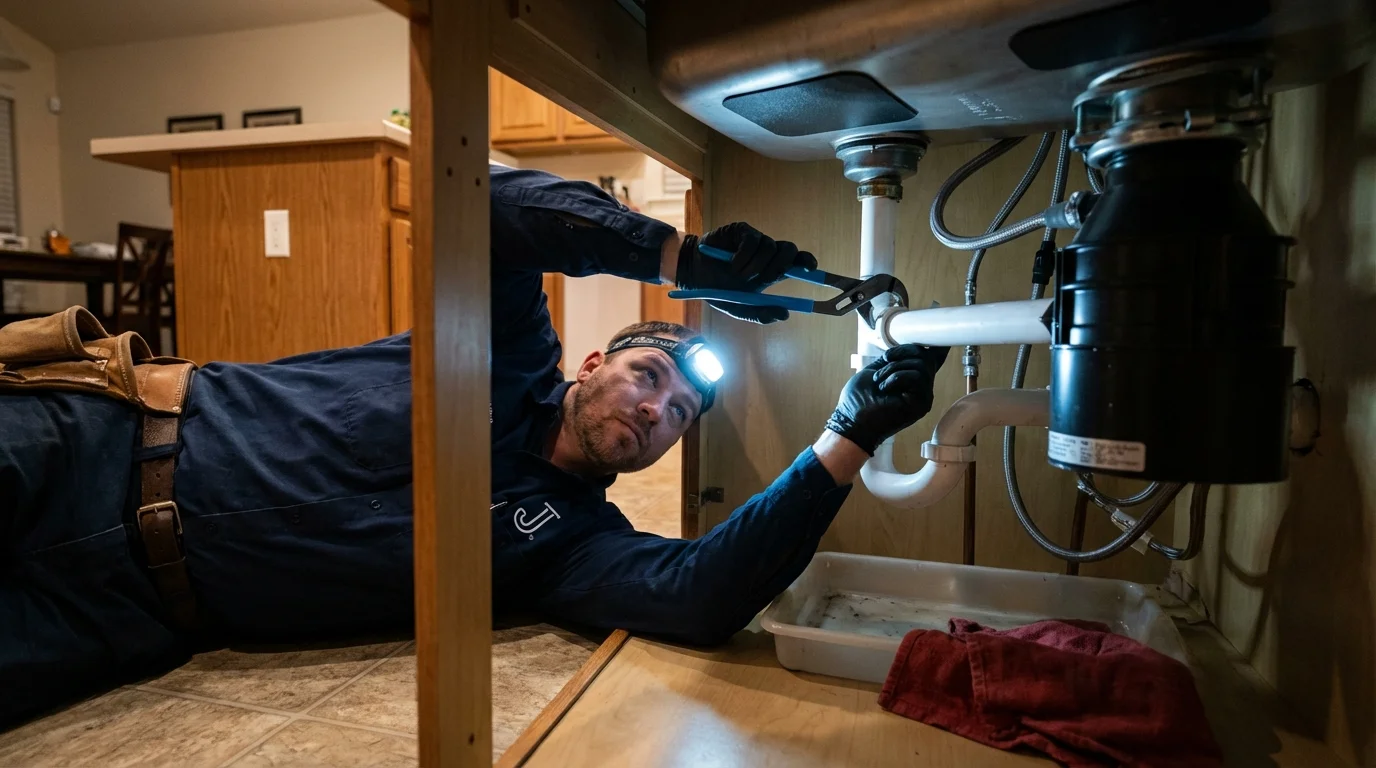 P-trap and supply line connections under a kitchen sink showing a common leak point in Forsyth, IL